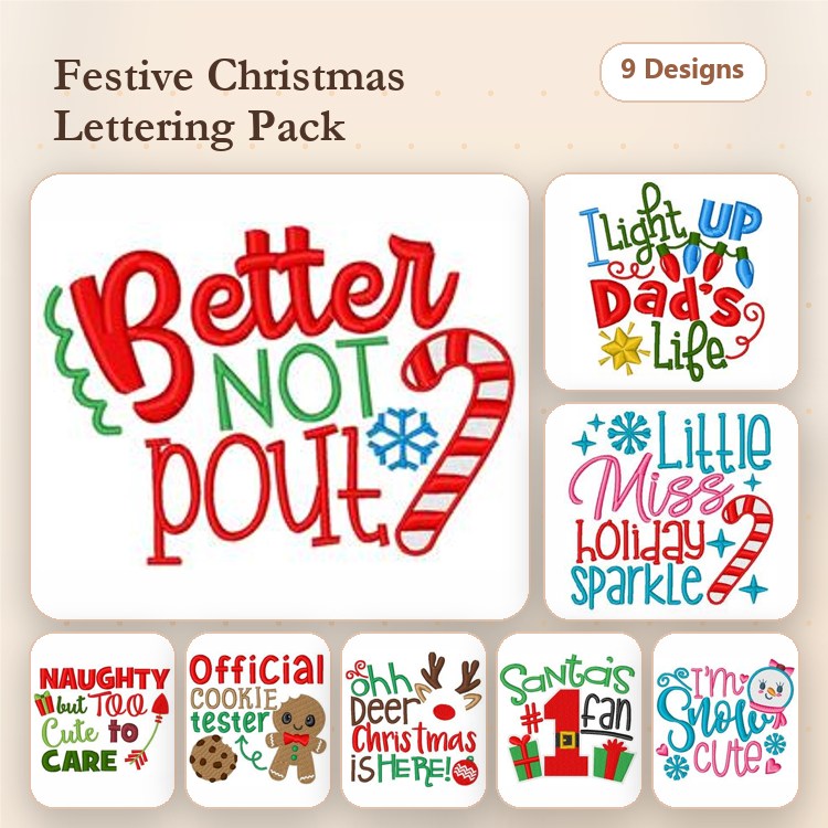 Christmas Phrase Embroidery Designs Bundle – Better Not Pout, Oh Deer Christmas is Here, Santa's Fan & More (9 Designs)