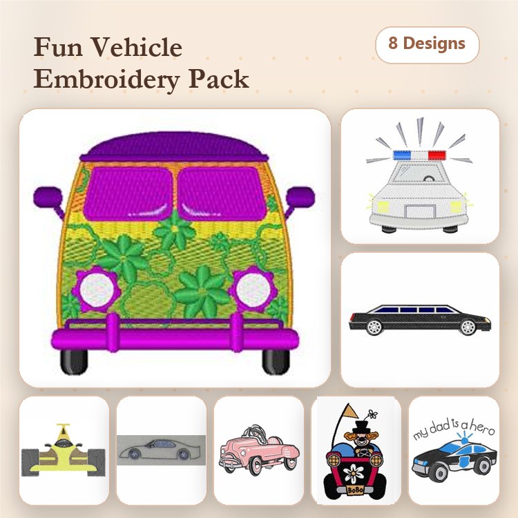 Fun Vehicle Embroidery Designs Bundle – Flowered Van, Police Car, Stretch Limousine & More (8 Designs)