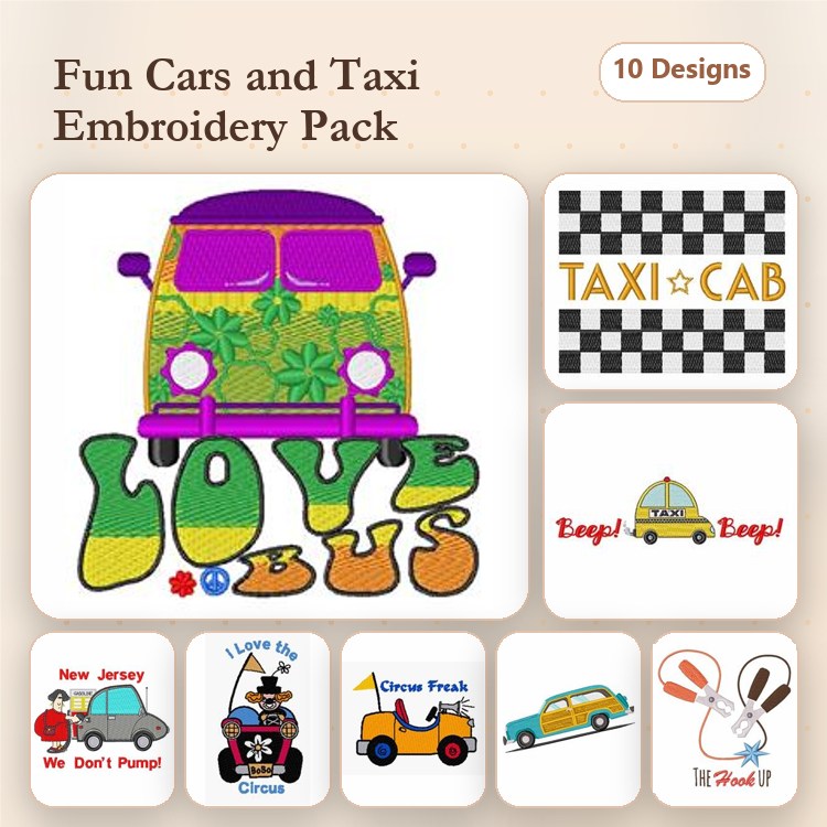 Cars and Taxis Embroidery Designs Bundle – Love Bus, Taxi Cab, Vintage Car & More (10 Designs)