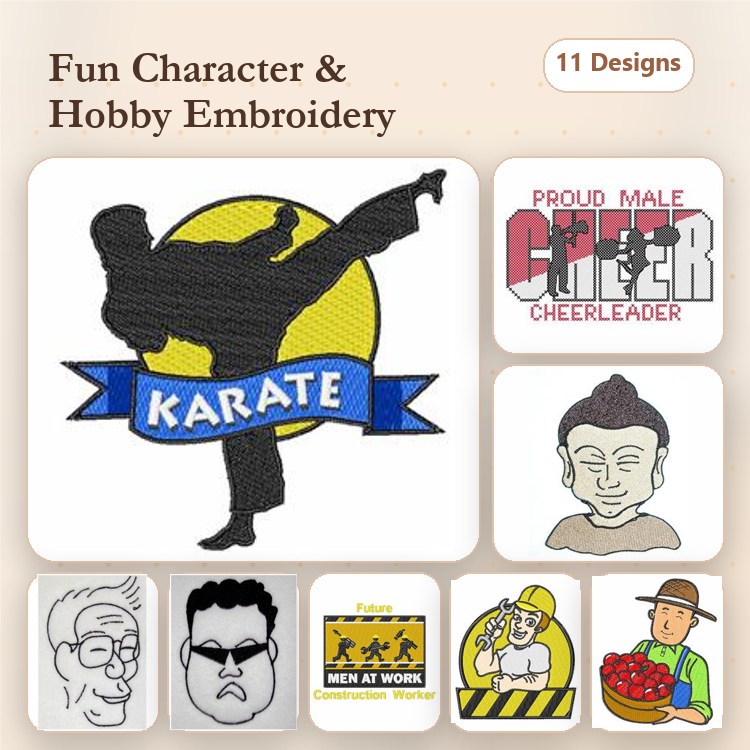 Fun Characters & Hobbies Embroidery Designs Bundle – Karate Kid, Proud Male Cheerleader, Chef with Hat & More (11 Designs)