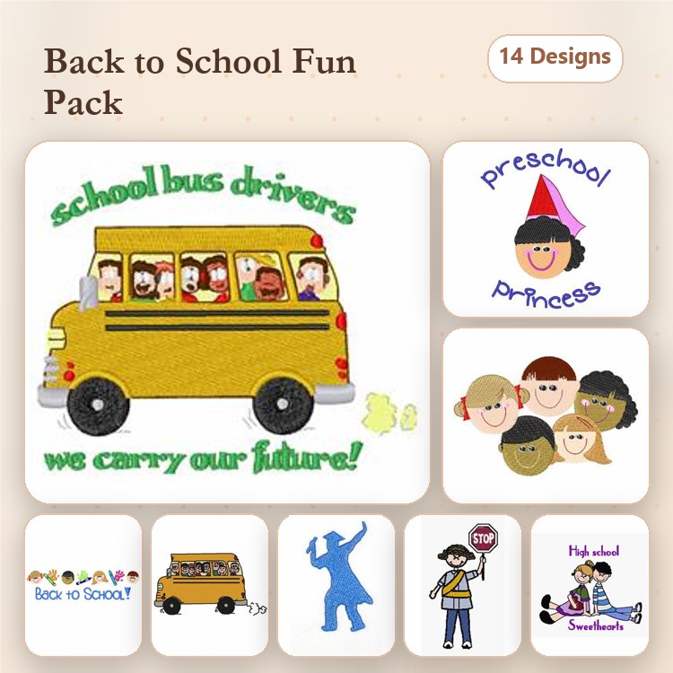Back to School Embroidery Designs Bundle – School Bus, Preschool Princess, Students Faces & More (14 Designs)