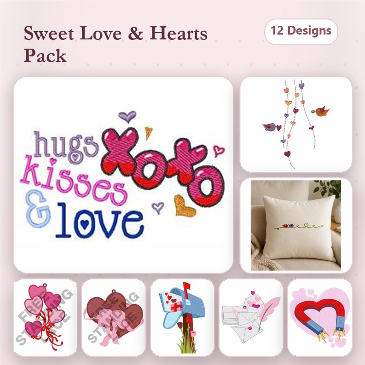Love & Hearts Embroidery Designs Bundle – Hugs and Kisses, Floral Heart, Heart Envelope & More (12 Designs)