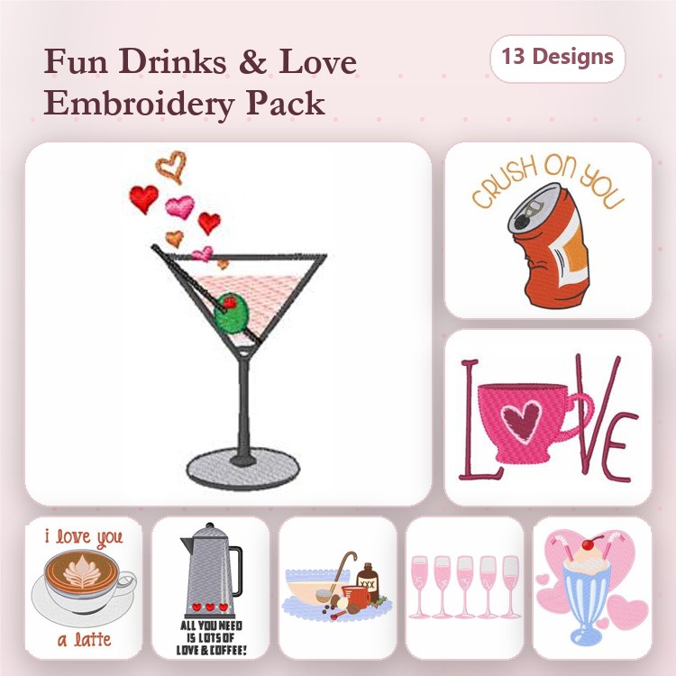 Drinks & Love Embroidery Designs Bundle – Martini Glass with Hearts, Coffee Cup with Love, Champagne Flutes & More (13 Designs)