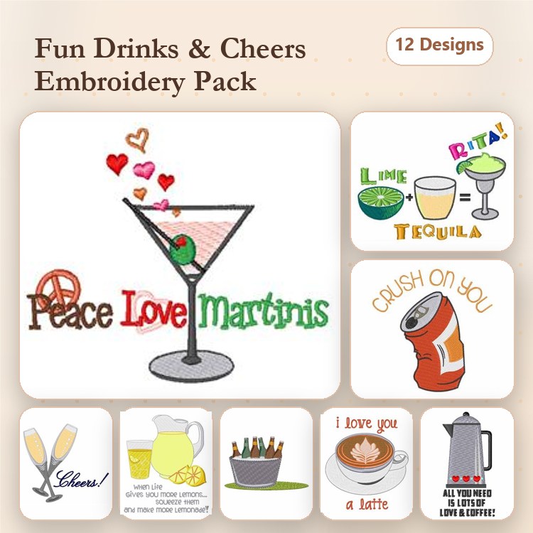 Cocktails and Drinks Embroidery Designs Bundle – Peace Love Martinis, Cheers!, Margarita & More (12 Designs)
