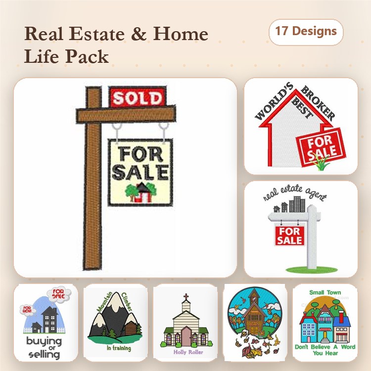 Real Estate and Home Life Embroidery Designs Bundle – For Sale Sign with Sold, Small Town, Beautiful House & More (17 Designs)