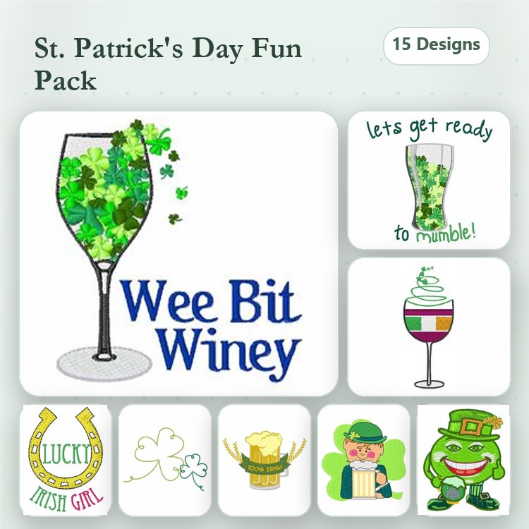 St. Patrick's Day Fun Embroidery Designs Bundle – Shamrock Glass, Lucky Irish Girl, Leprechaun & More (15 Designs)