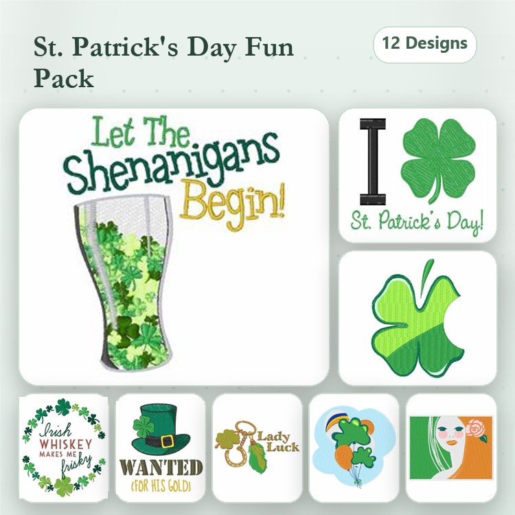 St. Patrick's Day Embroidery Designs Bundle – Let the Shenanigans Begin, Leprechaun Face, Shamrock & More (12 Designs)