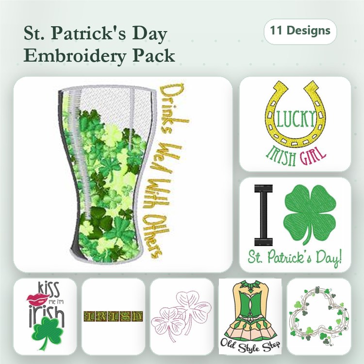 St. Patrick's Day Embroidery Designs Bundle – Drinks Well with Others, Lucky Irish Girl, Beer Glass & More (11 Designs)
