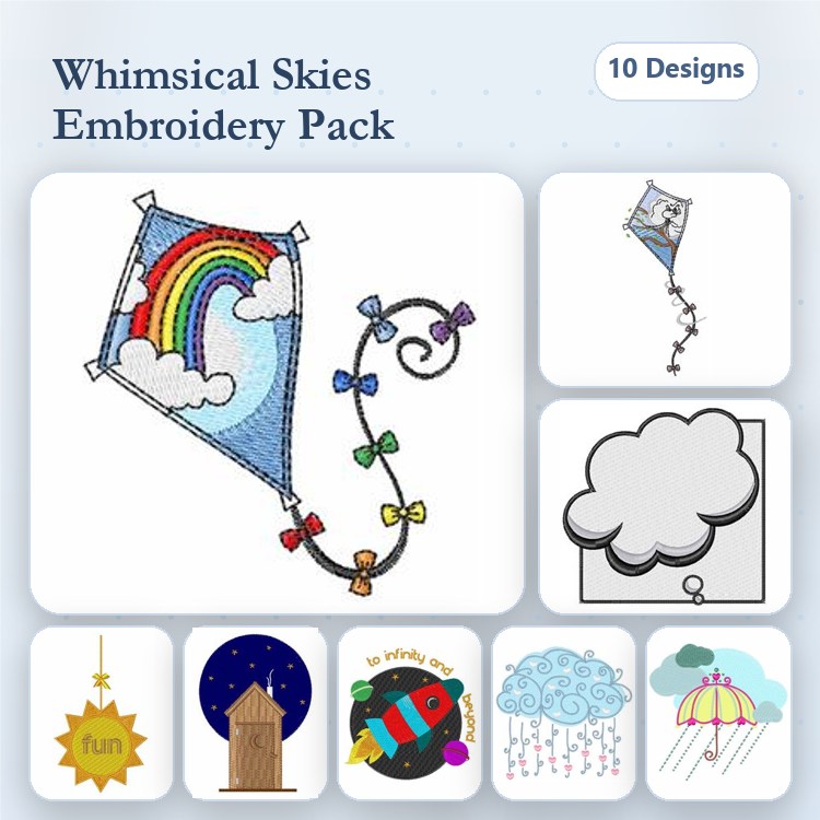 Rainbow Kite & Cloud Embroidery Designs Bundle – Fun Tag, Umbrella, Weather Symbol & More (10 Designs)