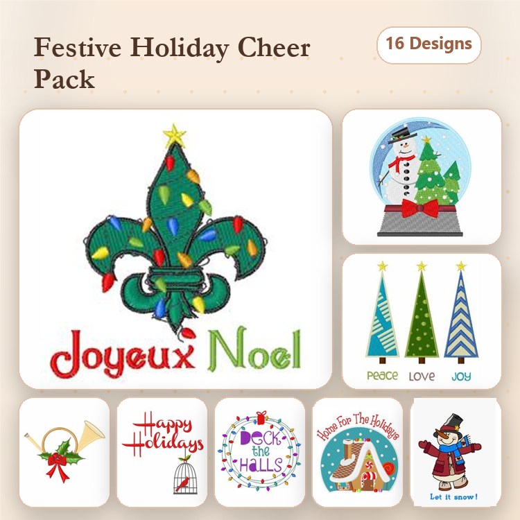 Festive Holiday Themes Embroidery Designs Bundle – Joyeux Noel, Snowman, Christmas Bell & More (16 Designs)