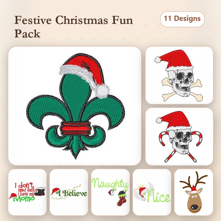 Christmas Character Embroidery Bundle – Fleur de Lis, Skull with Santa Hat, Reindeer & More (11 Designs)