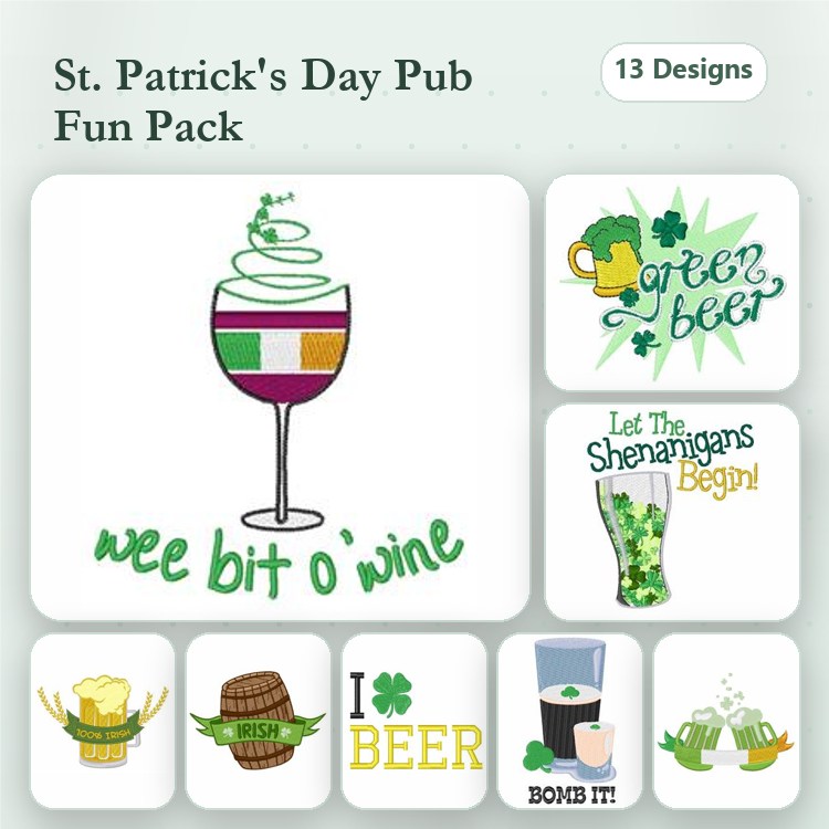 St. Patrick's Day Pub-Themed Embroidery Designs Bundle – Wine Glass with Colors, Green Beer, Let the Shenanigans Begin & More (13 Designs)