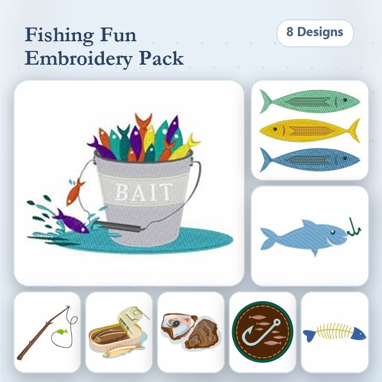 Fishing Embroidery Bundle – Fishing Bucket with Bait, Blue Fish, Green Fish, Yellow Fish & More (8 Designs)