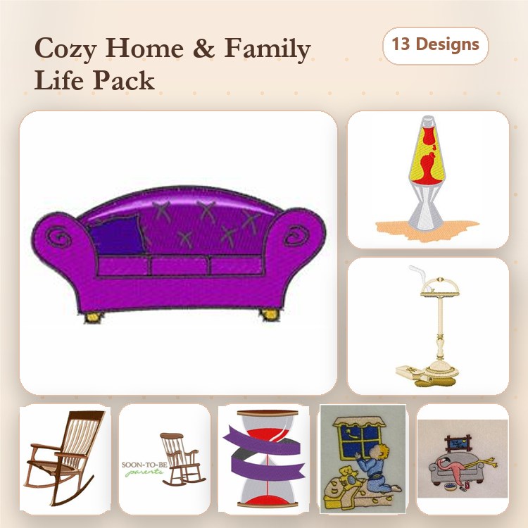 Cozy Home Embroidery Designs Bundle – Purple Sofa, Lava Lamp, Rocking Chair & More (13 Designs)