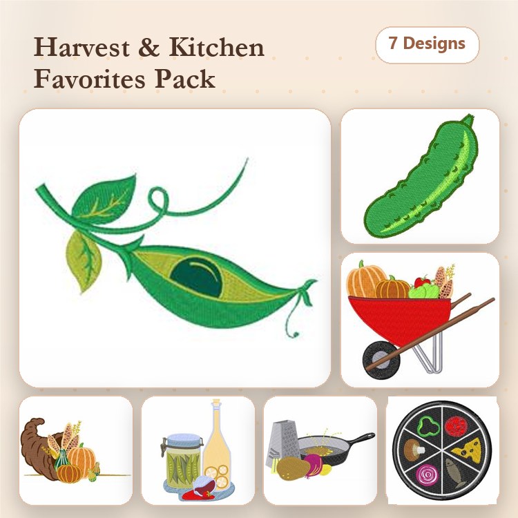 Harvest & Kitchen Embroidery Designs Bundle – Peas in Pod, Cucumber, Wheelbarrow & More (7 Designs)
