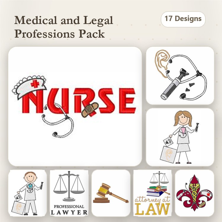 Medical and Legal Professions Embroidery Designs Bundle – Nurse, Lawyer, Gavel, Scale of Justice & More (17 Designs)
