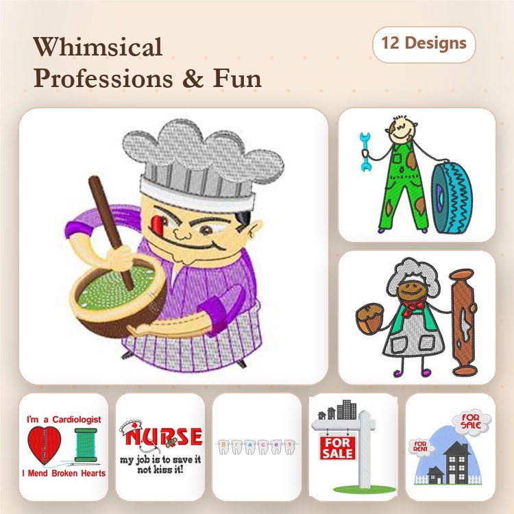 Whimsical Professions Embroidery Designs Bundle – Chef Baking, Gardener with Tools, Nurse with Heart & More (12 Designs)