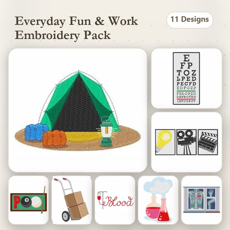Everyday Activities Embroidery Designs Bundle – Camping Tent, Camping Lantern, Eye Test Chart & More (11 Designs)