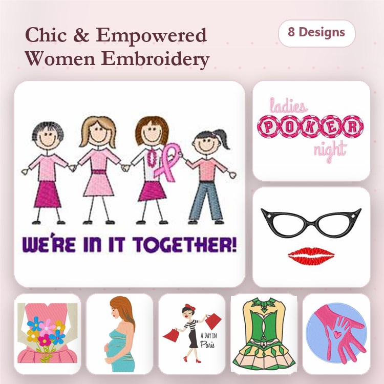 Chic & Empowered Women Embroidery Designs Bundle – Ladies Poker Night, Pink Ribbon Girls, Red Lips & More (8 Designs)