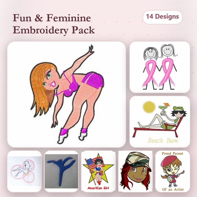 Fun & Feminine Embroidery Designs Bundle – Skating Girl, Beach Bum, Breast Cancer Awareness Ribbon & More (14 Designs)