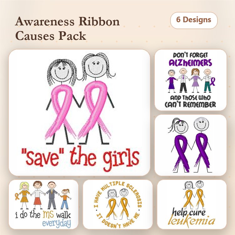Awareness Ribbons and Causes Embroidery Designs Bundle – Save the Girls, Don't Forget Alzheimers, Help Cure Cancer & More (6 Designs)