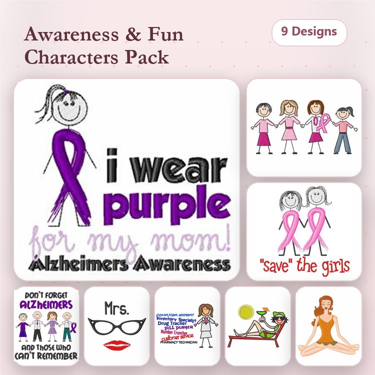 Alzheimer's Awareness Characters Embroidery Designs Bundle – I Wear Purple for My Mom, Don't Forget Alzheimer's, & More (9 Designs)