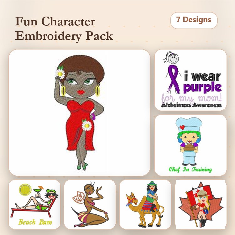 Fun Character Embroidery Designs Bundle – Dancer Character, Beach Bum Character, Chef in Training & More (7 Designs)