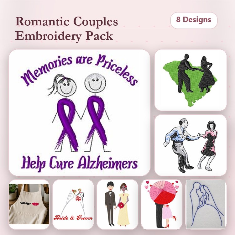 Romantic Couples Embroidery Designs Bundle – Couples Dancing, Bride and Groom, Wedding Kiss & More (8 Designs)