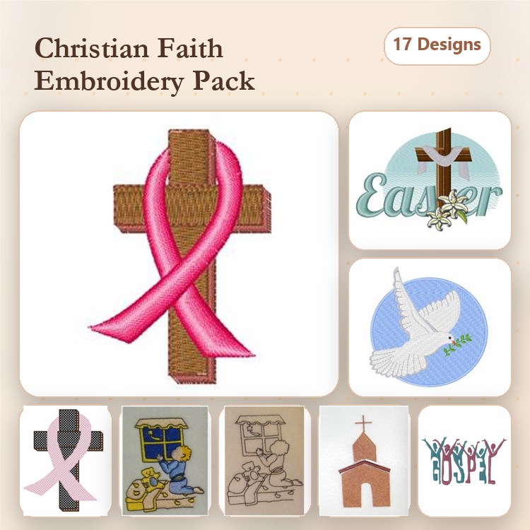 Christian Faith Embroidery Designs Bundle – Cross with Pink Ribbon, Dove of Peace, Easter Cross & More (17 Designs)
