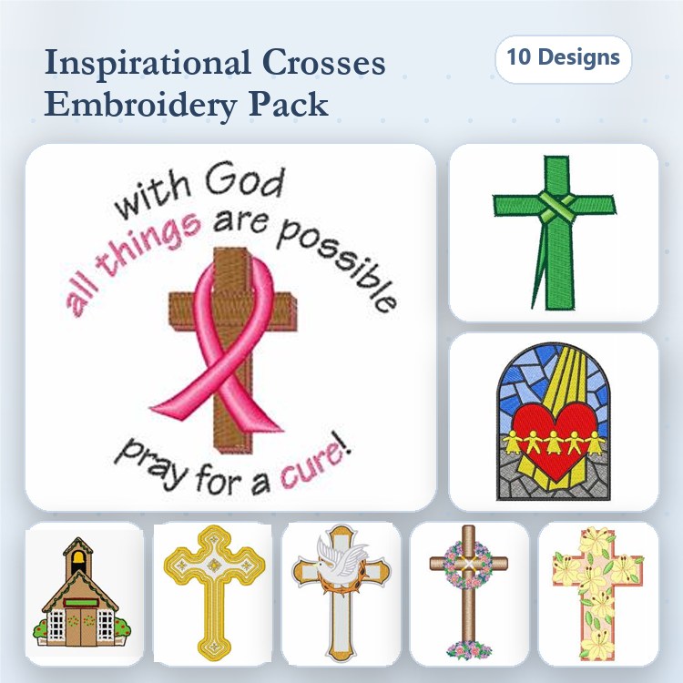 Inspirational Crosses Embroidery Designs Bundle – Cross with Pink Ribbon, Green Cross, Stained Glass Heart & More (10 Designs)