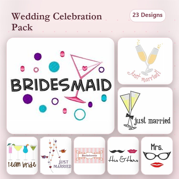 Wedding Celebration Embroidery Designs Bundle – Bridesmaid, Just Married, Champagne Flutes & More (23 Designs)
