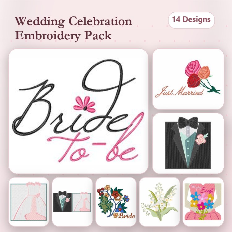 Wedding Celebration Embroidery Designs Bundle – Bride to-be, Groom's Suit, Just Married Roses & More (14 Designs)
