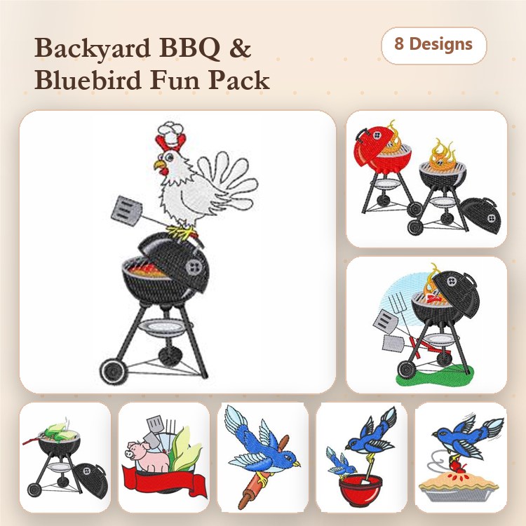 Backyard BBQ and Bluebirds Embroidery Designs Bundle – Grilling Chicken, BBQ Grill with Fire, Bluebirds with Bowl & More (8 Designs)
