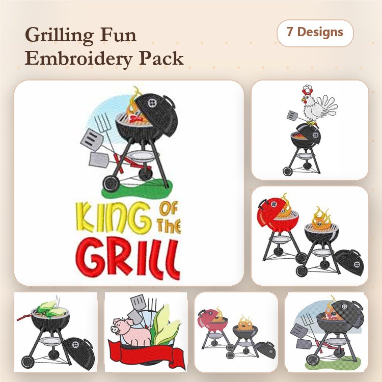 Grill & Chef Embroidery Designs Bundle – King of the Grill, Pig on Grill, Steak on Grill & More (7 Designs)