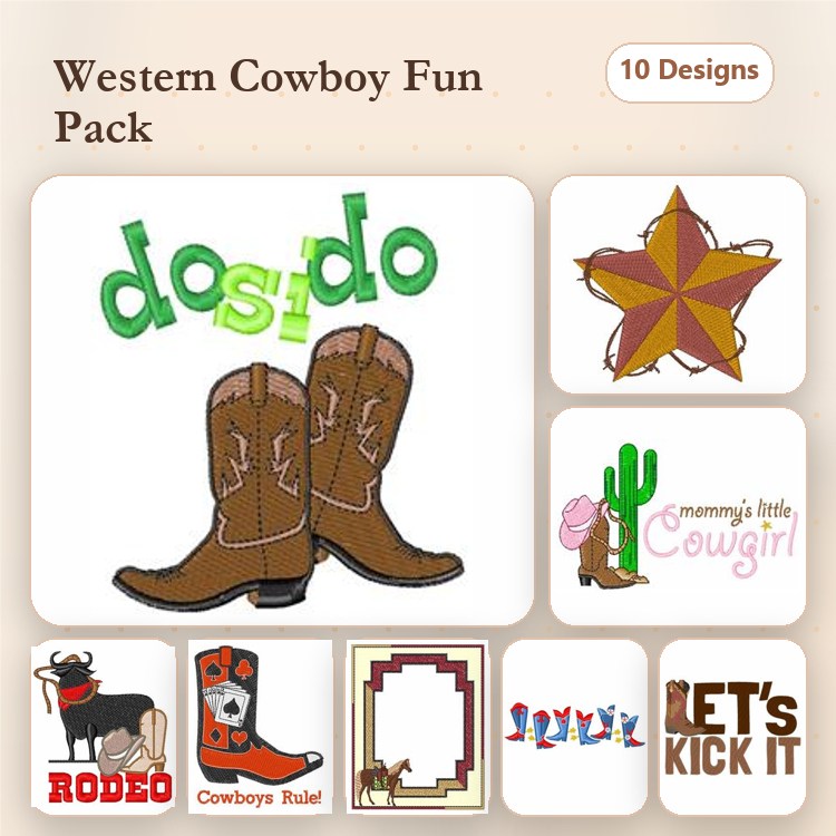 Western Cowboy Theme Embroidery Designs Bundle – Cowboy Boots, Rodeo, Cactus & More (10 Designs)