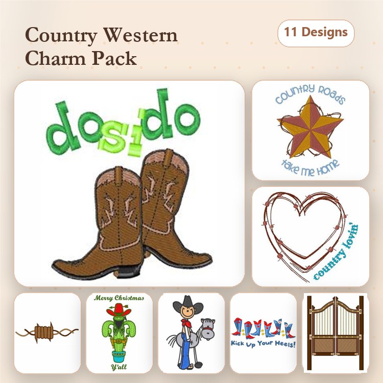 Country Western Embroidery Designs Bundle – Cowboy Boots, Western Star, Heart with Text & More (11 Designs)