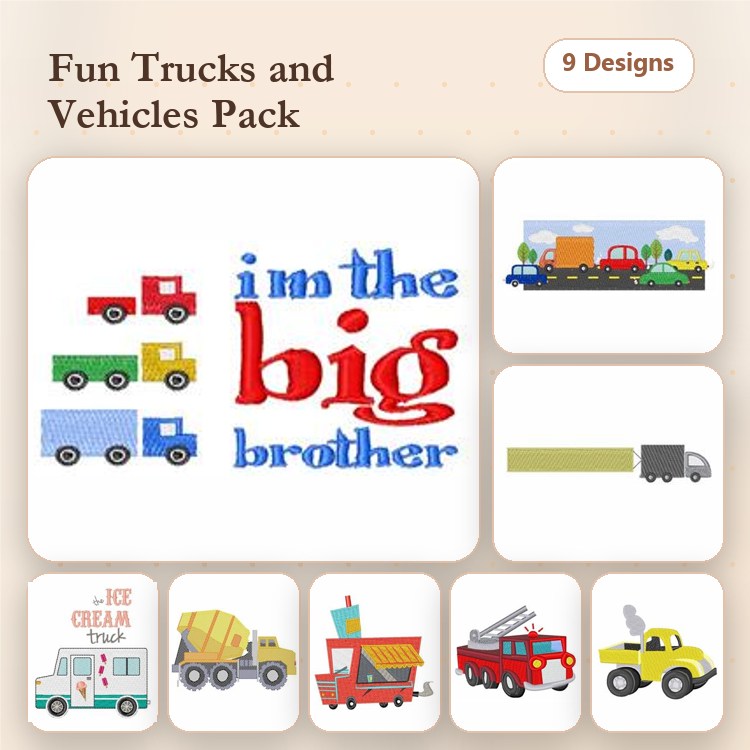 Trucks and Vehicles Embroidery Bundle – Fire Truck, Dump Truck, Ice Cream Truck, Tow Truck & More (9 Designs)
