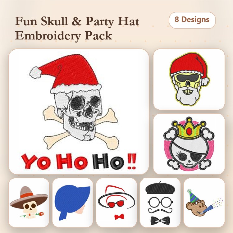 Fun Skull and Party Hats Embroidery Designs Bundle – Santa Skull, Skull with Party Hat, Pirate Girl & More (8 Designs)