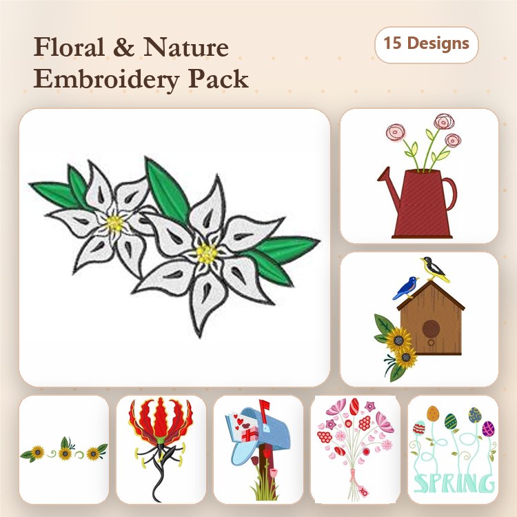 Floral & Nature Embroidery Designs Bundle – Flower Bouquet, Sunflower, Watering Can & More (15 Designs)