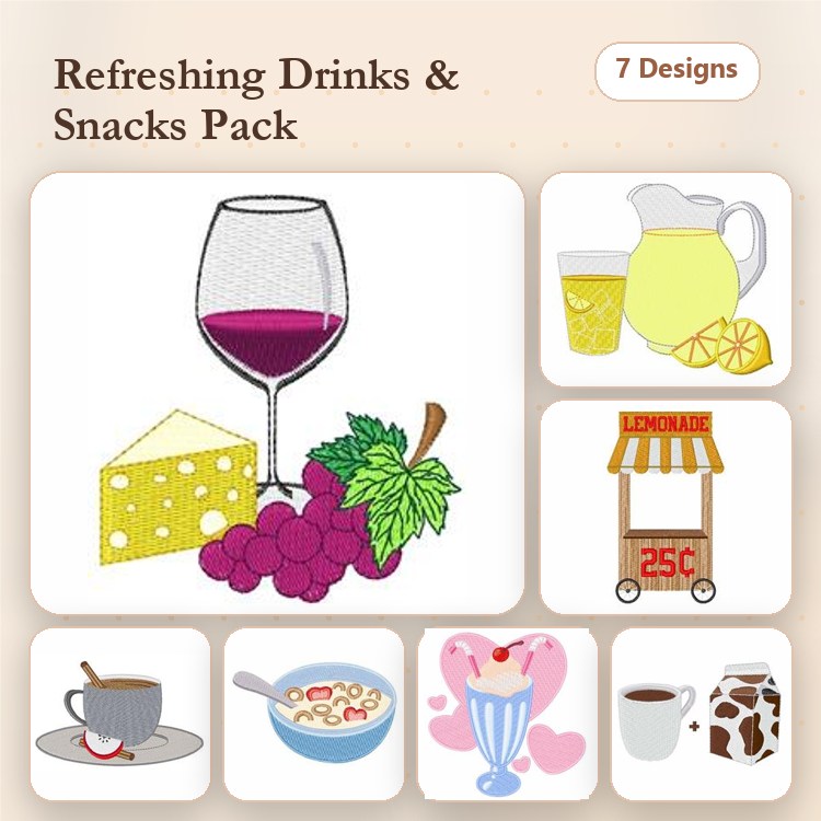 Beverages and Snacks Embroidery Designs Bundle – Wine Glass with Grapes, Ice Cream Sundae, Coffee Cup & More (7 Designs)