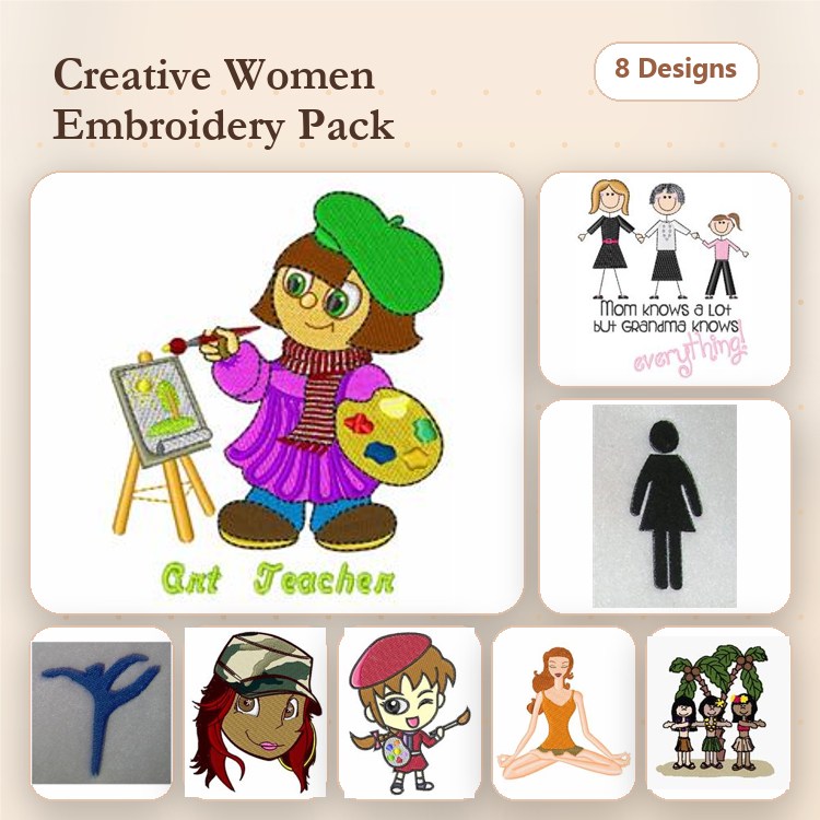 Creative Women Embroidery Designs Bundle – Art Teacher, Stylized Female Artist, Silhouette of a Woman & More (8 Designs)