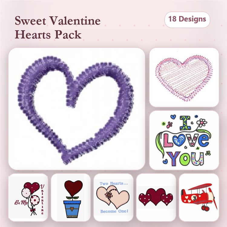 Rippled Heart Embroidery Designs Bundle – Heart with Message, Valentine's Hearts, Flying Airplane with Heart & More (18 Designs)