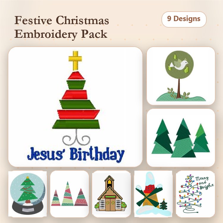 Festive Christmas Themes Embroidery Designs Bundle – Christmas Tree with Cross, Dove of Peace, Layered Christmas Tree & More (9 Designs)