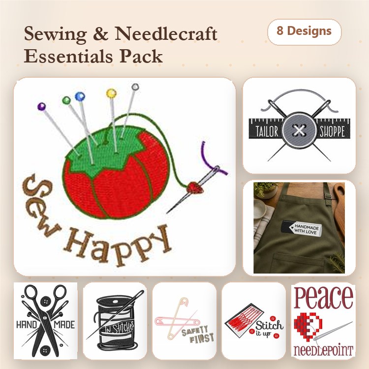 Sewing Themed Embroidery Designs Bundle – Sew Happy, Scissors, Spool of Thread & More (8 Designs)