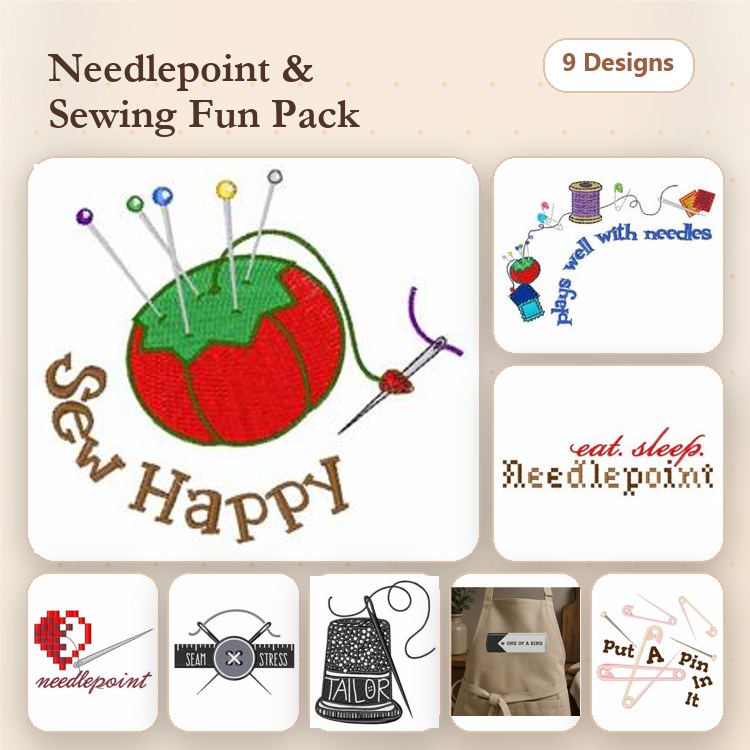 Sewing & Needlepoint Embroidery Designs Bundle – Sew Happy, Eat Sleep Needlepoint, Needlepoint Heart & More (9 Designs)