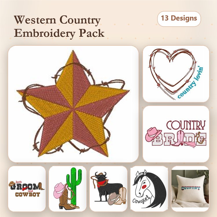 Western Country Embroidery Designs Bundle – Barbed Wire Star, Cowboy Hat, Cactus & More (13 Designs)
