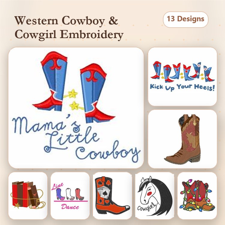 Western Cowboy & Cowgirl Embroidery Designs Bundle – Cowboy Boots, Cowgirl Boots, Mama's Little Cowboy & More (13 Designs)