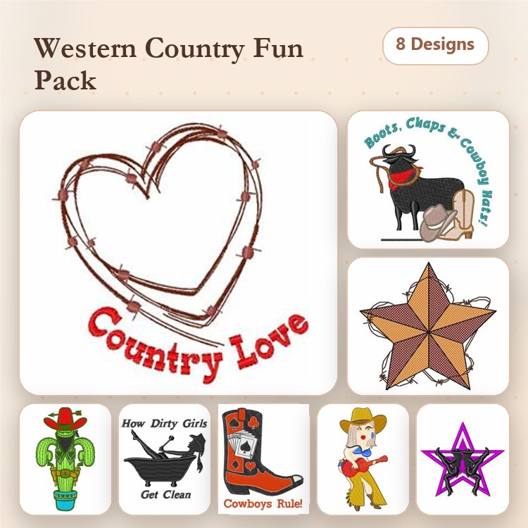 Western Themed Embroidery Designs Bundle – Country Love Heart, Cow with Cowboy Hat, & More (8 Designs)