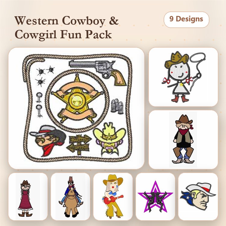 Western Cowboy & Cowgirl Embroidery Designs Bundle – Sheriff Star, Cowboy with Hat, Cowgirl with Lasso & More (9 Designs)
