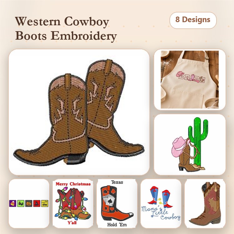 Western Cowboy Boots Embroidery Designs Bundle – Cactus, Cowboy Hat, Merry Christmas & More (8 Designs)